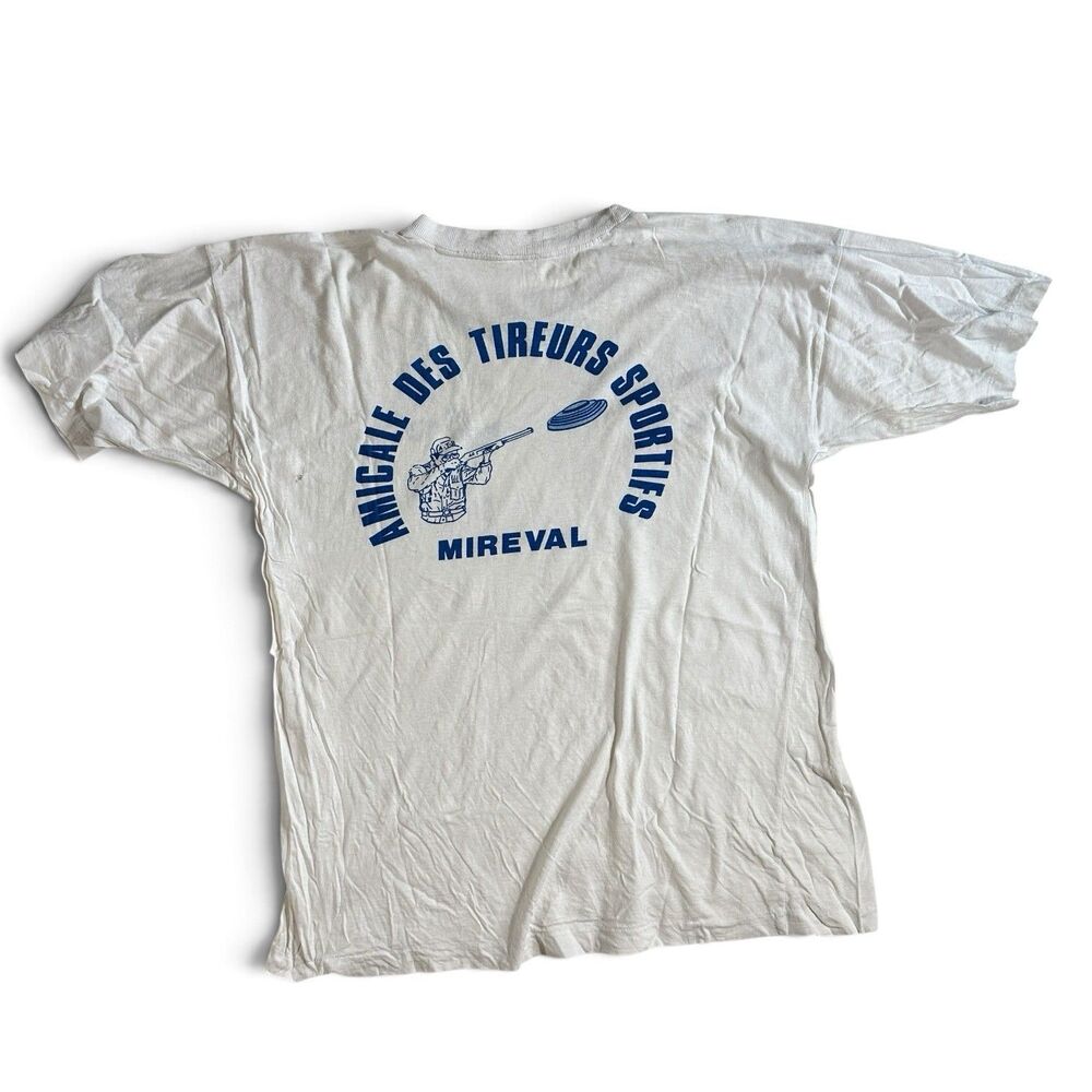 Vintage Mireval Ball Trap Shooting Sports T-Shirt White Blue Graphic Medium